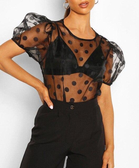 Fashion Sexy Round Neck Polka Dot See Through Women Tshirt Sexy See Through Women Tops Summer Tees Sexy Tops Women - Hplify