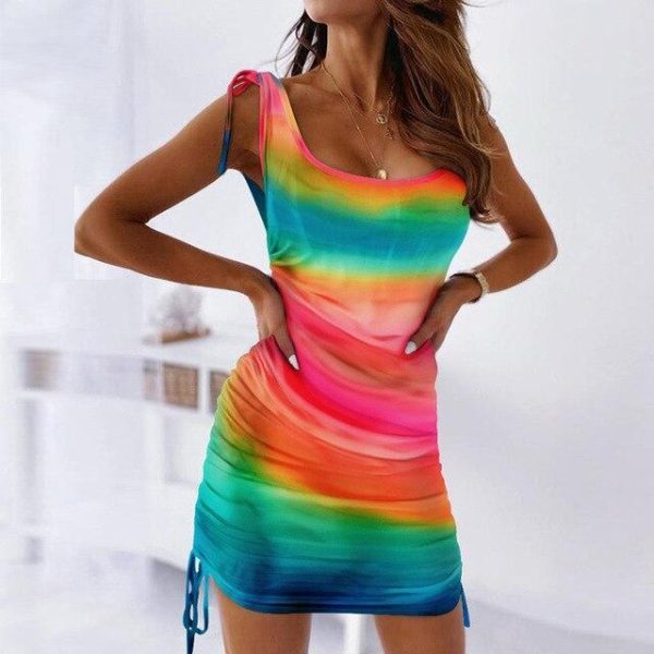 Fashion Sexy Sleeveless Tie Dye Wrinkled Bandage Bodycon Dress Sexy Women Summer Dress Tie Dye Dress Women - Hplify