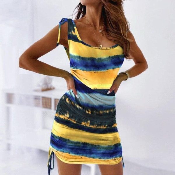 Fashion Sexy Sleeveless Tie Dye Wrinkled Bandage Bodycon Dress Sexy Women Summer Dress Tie Dye Dress Women - Hplify