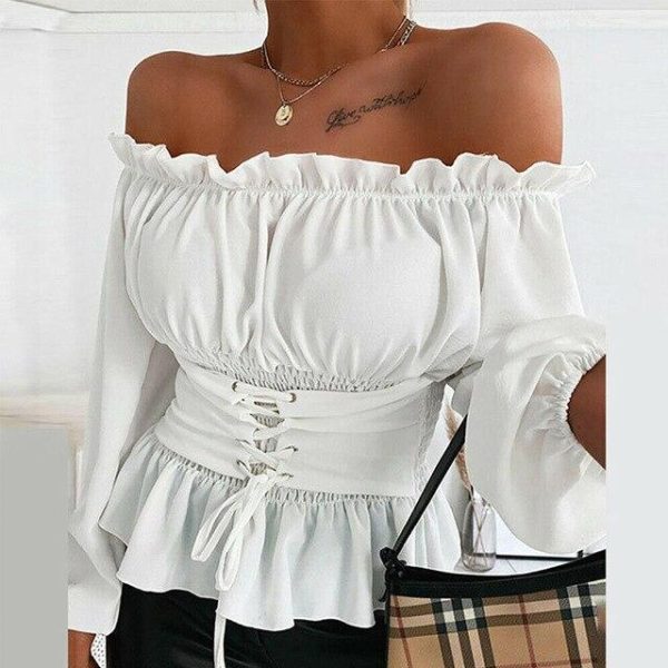 Fashion Sexy Solid Color Off Shoulder Lantern Sleeve Long Sleeve Bandage Women Blouse  Women Shirts Womens Tops and Blouses - Hplify