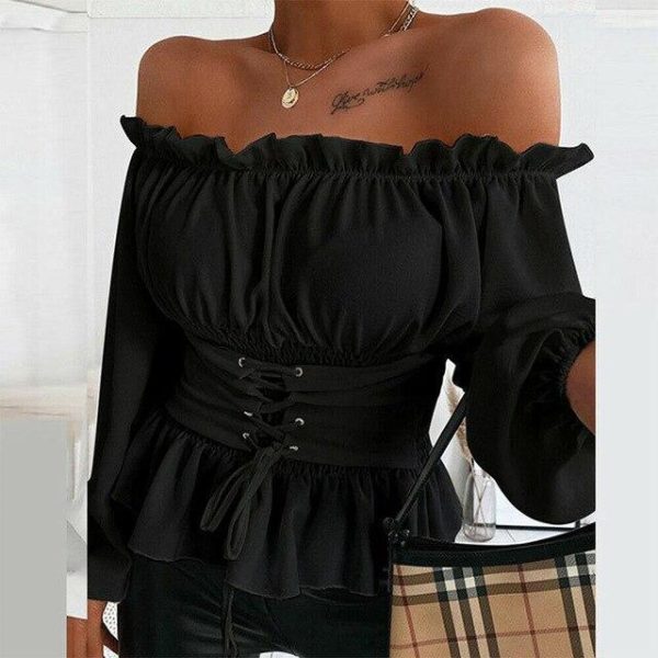 Fashion Sexy Solid Color Off Shoulder Lantern Sleeve Long Sleeve Bandage Women Blouse  Women Shirts Womens Tops and Blouses - Hplify