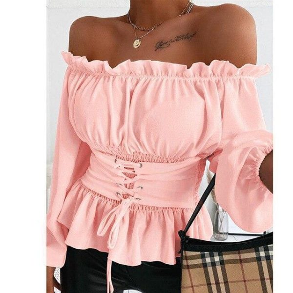 Fashion Sexy Solid Color Off Shoulder Lantern Sleeve Long Sleeve Bandage Women Blouse  Women Shirts Womens Tops and Blouses - Hplify