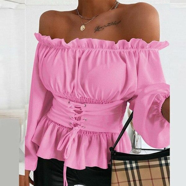 Fashion Sexy Solid Color Off Shoulder Lantern Sleeve Long Sleeve Bandage Women Blouse  Women Shirts Womens Tops and Blouses - Hplify