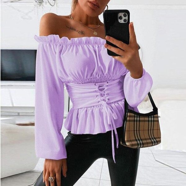 Fashion Sexy Solid Color Off Shoulder Lantern Sleeve Long Sleeve Bandage Women Blouse  Women Shirts Womens Tops and Blouses - Hplify