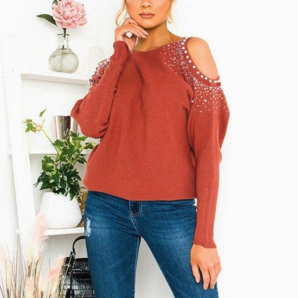 Fashion Sexy Tops and Shirt Solid Color Beading Off Shoulder Hollow Out Long Sleeve Women Blouse  Women Clothing - Hplify