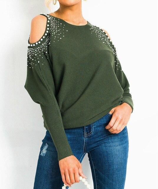 Fashion Sexy Tops and Shirt Solid Color Beading Off Shoulder Hollow Out Long Sleeve Women Blouse  Women Clothing - Hplify