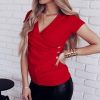 Fashion Solid Color Black and Red Button V Neck Women Blouse Short Sleeve Women Blouse Sexy Tops and Shirt Summer Tops Women - Hplify