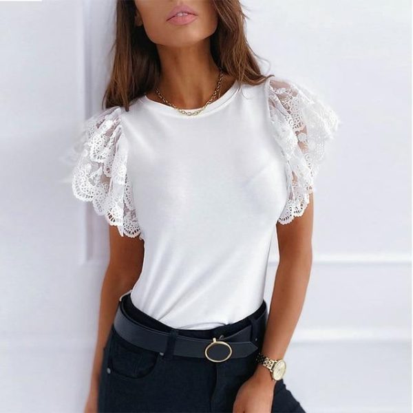 Fashion Solid Color Black and White Lace Roun Neck Women Blouse Butterfly Sleeve Short Sleeve Women Blouse Sexy Tops and Shirt - Hplify
