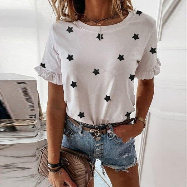 Fashion Solid Color Strar Printed Roun Neck Women Short Sleeve Tshirt Women Summer Sexy Tops and Shirt - Hplify