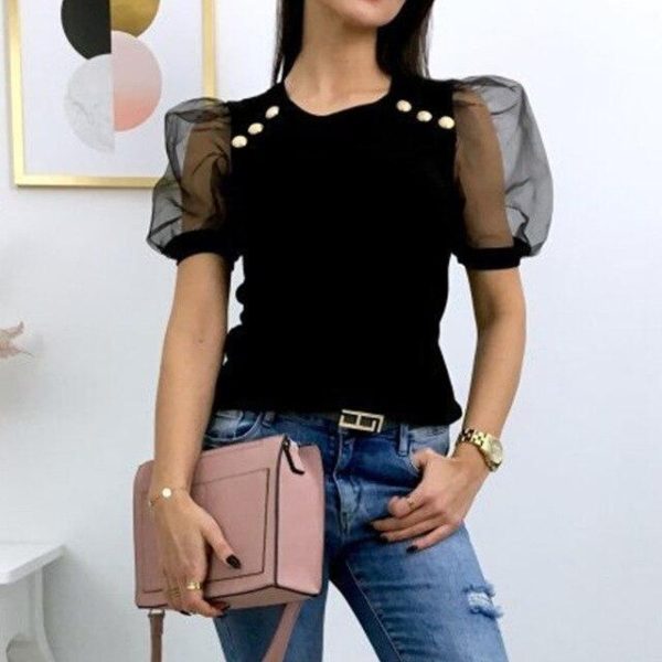 Fashion Summer Black Round Neck Puff Sleeve Women Blouse Short Sleeve Women Blouse Sexy Tops and Shirt Summer Tops Women - Hplify