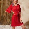 Fashion Summer Solid Color Round Neck Hollow Out Lace Up Elastic Waist Short Sleeve Women Dress Summer Dress Red Dress Women - Hplify