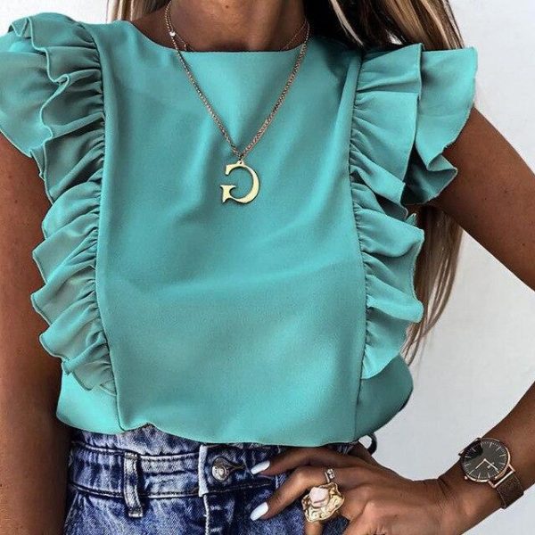 Fashion Summer Solid Color Round Neck Sleeveless Butterfly Sleeve Women Blouse Sexy Women Tops and Shirt Women Clothing - Hplify