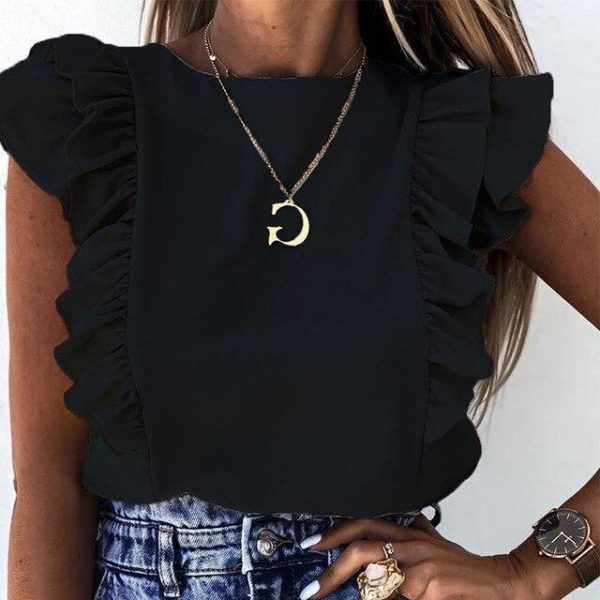 Fashion Summer Solid Color Round Neck Sleeveless Butterfly Sleeve Women Blouse Sexy Women Tops and Shirt Women Clothing - Hplify