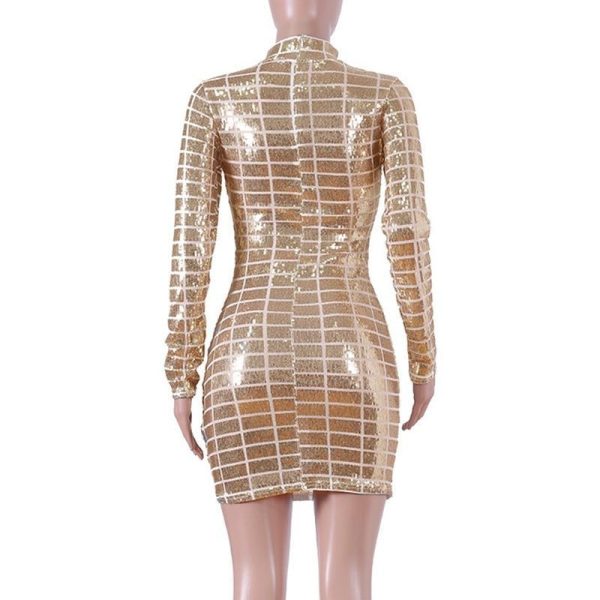 Fashion Women Dress Stand Neck Long Sleeve Sequined Dress Contrast Sequins Bodycon Mini Party Female Dresses Vestidos - Hplify