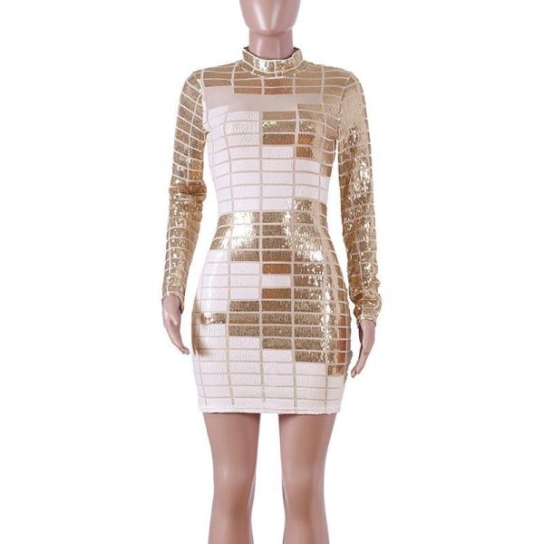 Fashion Women Dress Stand Neck Long Sleeve Sequined Dress Contrast Sequins Bodycon Mini Party Female Dresses Vestidos - Hplify