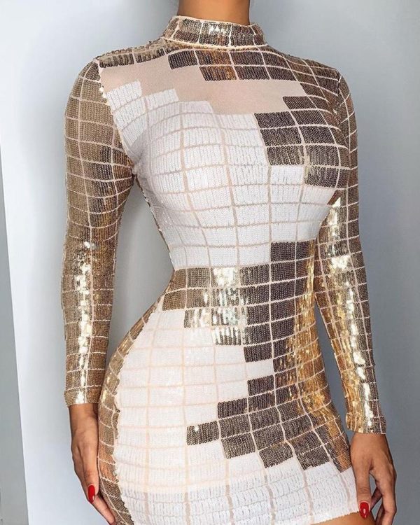 Fashion Women Dress Stand Neck Long Sleeve Sequined Dress Contrast Sequins Bodycon Mini Party Female Dresses Vestidos - Hplify