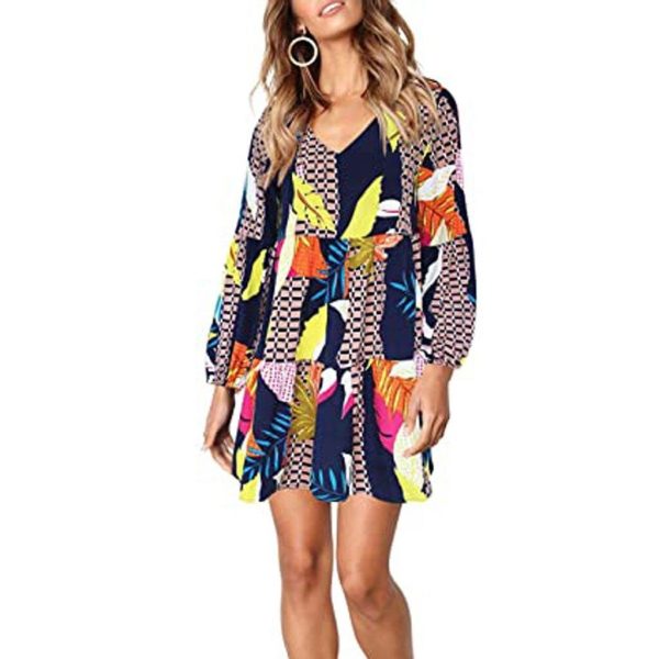 Fashion Womens Long Sleeve Dress Maple Leaf Printed Swing Loose Comfy Casual Dress A-line Fashion Dress#D3 - Hplify