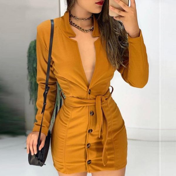 Faux suede leather dress women Long sleeve button sexy v neck dress Autumn Slim fit bodycon dresses suede vestidos - Hplify