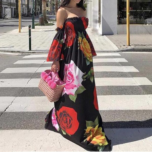 Flared sleeve off shoulder bohemian dress Women floral printed long dress Autumn fashion vacation maxi dress Boho vestidos - Hplify