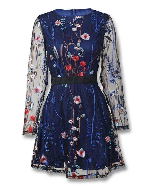 Floral Embroidery Mesh Sleeve Mini Dress - Hplify