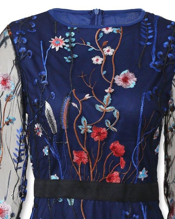 Floral Embroidery Mesh Sleeve Mini Dress - Hplify