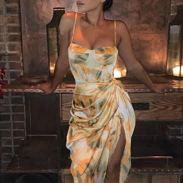 Floral Print Spaghetti Strap Bodycon Dress Women Sleeveless Flower Sexy Party Dress Summer  Irregular Side Split Midi Dresse - Hplify