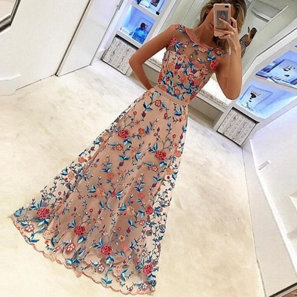 Floral embroidered long mesh dress Women sleeveless high waist runway maxi dresses Elegant ladies party dresses robe vestidos - Hplify