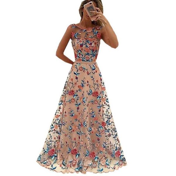 Floral embroidered long mesh dress Women sleeveless high waist runway maxi dresses Elegant ladies party dresses robe vestidos - Hplify