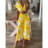 Floral print bohemian summer dress Women  v neck beach dresses Casual boho tunic maxi dress Red flower Vestidos - Hplify
