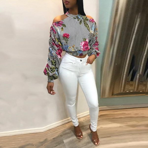Flower Striped Print Long Sleeve Shirt Women Cold Shoulder Long Sleeve Tops Femme Navel Exposed T-shirt Causal Autumn Blusa - Hplify