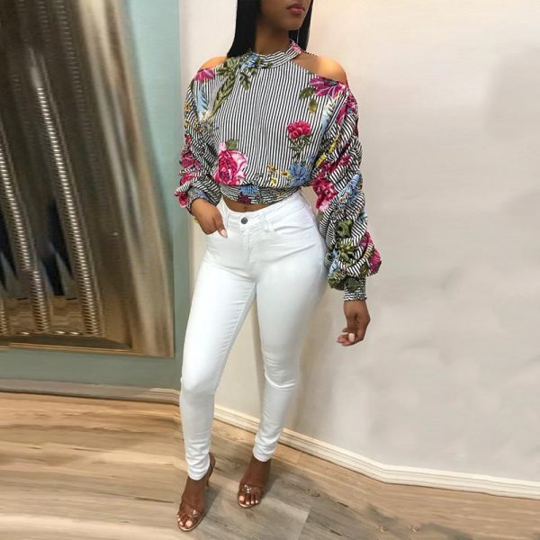 Flower Striped Print Long Sleeve Shirt Women Cold Shoulder Long Sleeve Tops Femme Navel Exposed T-shirt Causal Autumn Blusa - Hplify