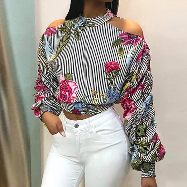 Flower Striped Print Long Sleeve Shirt Women Cold Shoulder Long Sleeve Tops Femme Navel Exposed T-shirt Causal Autumn Blusa - Hplify