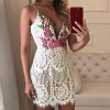 Flower embroideried crochet lace dress women Low cut sexy bodycon party dress Summer spaghetti strap white mini vestidos - Hplify