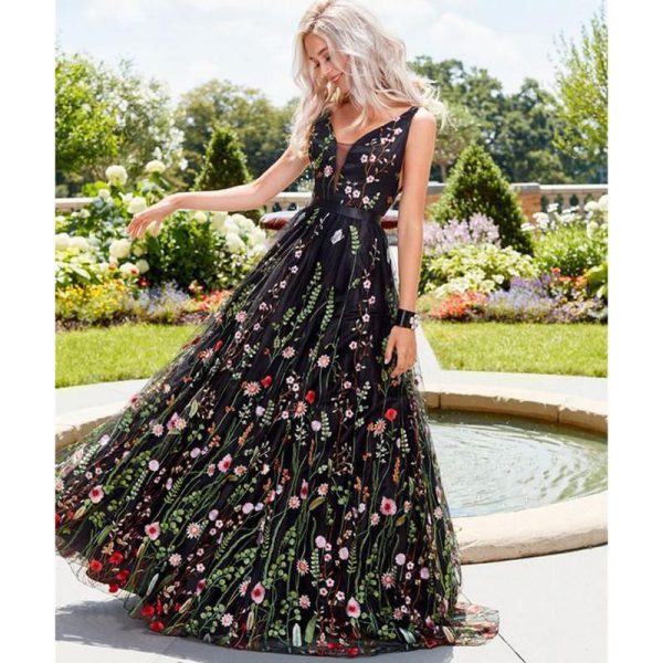 Flower embroidery maxi dress Women Backless v neck long party dress Elegant sleeveless plunging mesh dress summer vestidos - Hplify