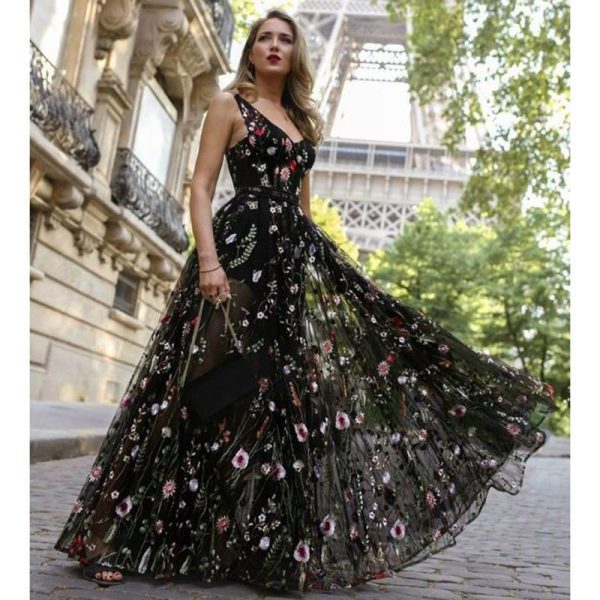 Flower embroidery maxi dress Women Backless v neck long party dress Elegant sleeveless plunging mesh dress summer vestidos - Hplify