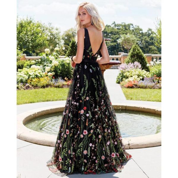 Flower embroidery maxi dress Women Backless v neck long party dress Elegant sleeveless plunging mesh dress summer vestidos - Hplify