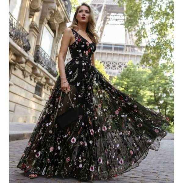 Flower embroidery maxi dress Women Backless v neck long party dress Elegant sleeveless plunging mesh dress summer vestidos - Hplify