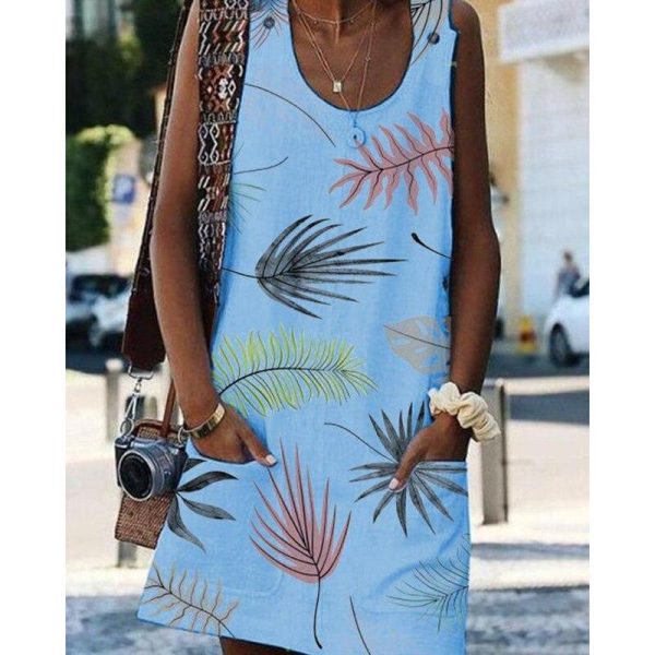 Flower print sleeveless women dress Summer casual mini beach dress with pocket Straight dresses female vestido festa - Hplify