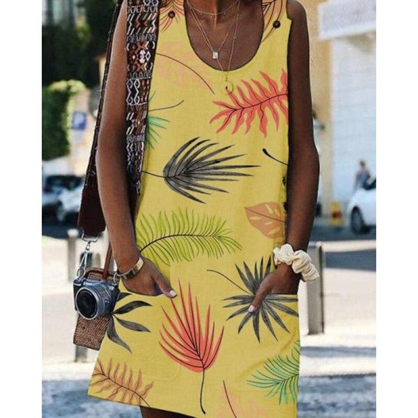 Flower print sleeveless women dress Summer casual mini beach dress with pocket Straight dresses female vestido festa - Hplify