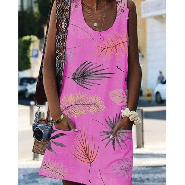 Flower print sleeveless women dress Summer casual mini beach dress with pocket Straight dresses female vestido festa - Hplify