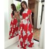 Flower print turtleneck long summer dress Women sashes pleated long dress Elegant womens maxi dresses red vestidos mujer - Hplify
