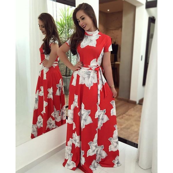 Flower print turtleneck long summer dress Women sashes pleated long dress Elegant womens maxi dresses red vestidos mujer - Hplify