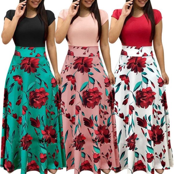 Flower printed long dress Women short sleeve high waist plunge dresses Autumn fashion bohemian dresss Boho maxi vestido - Hplify