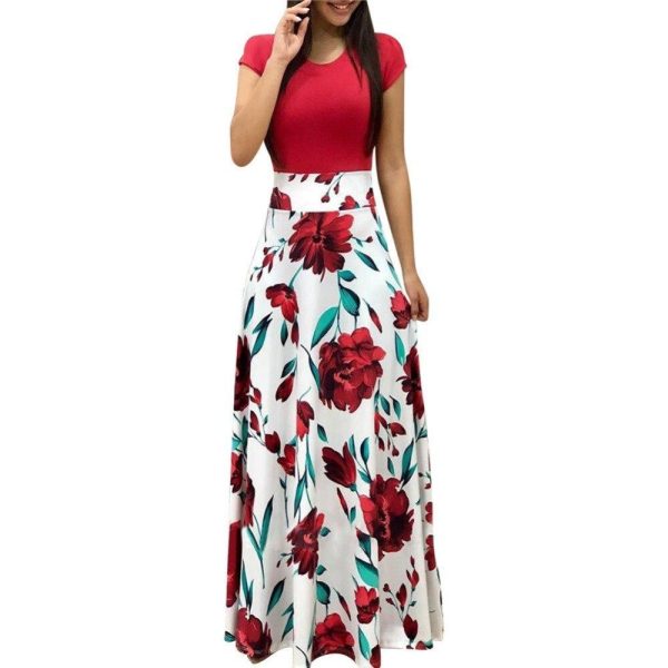 Flower printed long dress Women short sleeve high waist plunge dresses Autumn fashion bohemian dresss Boho maxi vestido - Hplify