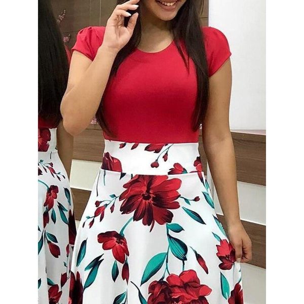 Flower printed long dress Women short sleeve high waist plunge dresses Autumn fashion bohemian dresss Boho maxi vestido - Hplify