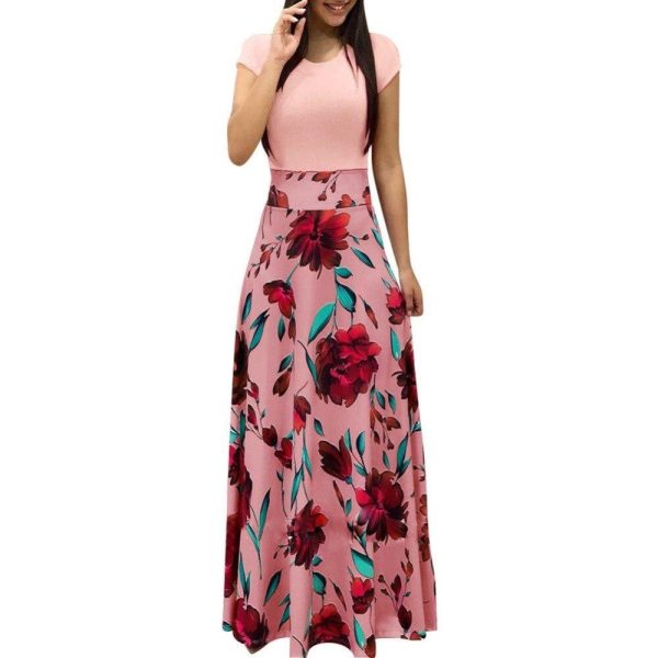 Flower printed long dress Women short sleeve high waist plunge dresses Autumn fashion bohemian dresss Boho maxi vestido - Hplify