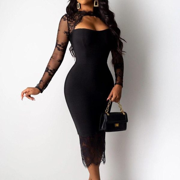 Front Cut Out Lace Patchwork Bodycon Dress Women Back Split Slim Fit Midi Pencil Dress Long Sleeve Winter Party Dresses - Hplify