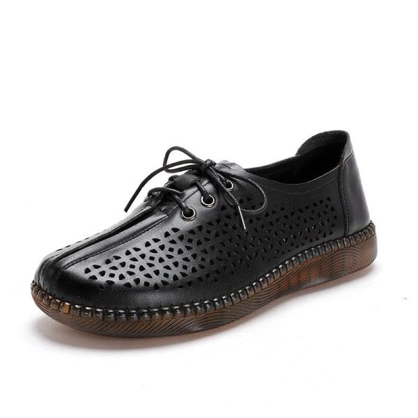 Genuine Leather Ladies Casual Shoes Women Summer Hollow Out Lace-Up Soft Comfortable Breathable Woman Shoes Flats