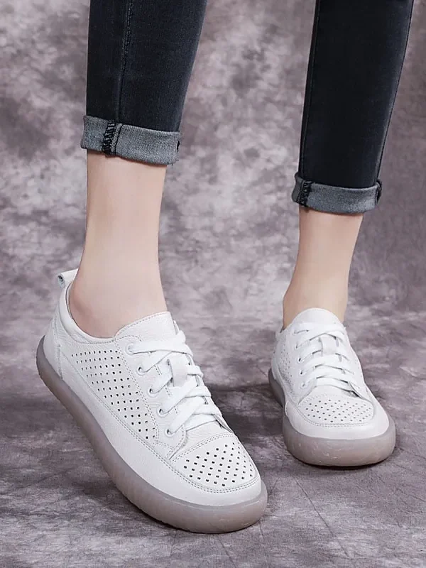 Genuine Leather Shoes Hollow Out Women Ballet Flats Summer Women's Solid Soft bottom Shoes Woman Slip On Loafers