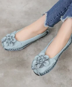 Womens Genuine Leather Flowers Flat Loafers